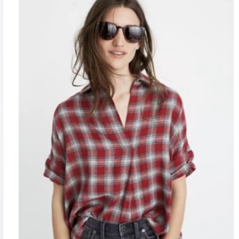 Red Plaid Button-Up Flannel Shirt
